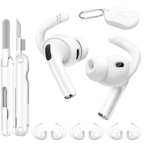 TNSNK 4 Pairs for Apple AirPods Pro 3 Ear Hooks, Silicone Anti-Slip for AirPods Pro 3rd Generation Ear Hook with Storage Pouch, Cleaning Kit, Carabiner (White)