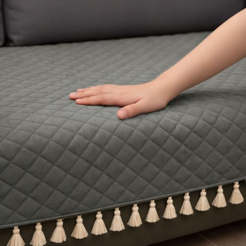 Image of HOMEMONDE 1 Seater Quilted Velvet Sofa Cover with Tassels |Soft, Durable & Premium Fabric with Tassels | Sofa Cover Mats for Living Room, Bedroom, or Drawing Room (76 X 61 CM, Grey)
