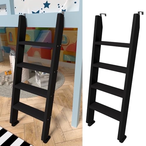 Image of 50 inch 55 inch 60 inch Black Wood Bunk Bed Ladder, Lofted /Dorm /RV Bed Bunkbed Ladders with 4in Extra Wide Steps and Non-Slip Pads, Replacement Wooden Ladder for Motorhome /Camping (Black, 50in /127cm)