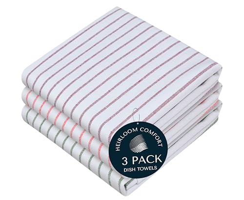 HEIRLOOM COMFORT Multi Colors Kitchen Towels 3 Pack, 100% Cotton, Classic Striped Towel Set, Super Absorbent & Durable Dishcloths, Quick Drying for Drying Dishes - Burgundy, Orange, Green