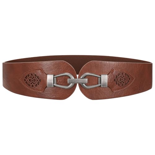 Womens Western Wide Waist Belt for Dress Vintage Stretchy Elastic Belt with Chunky Gold Buckle