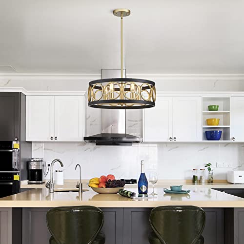 XINGQI 21.7'' Drum Chandelier 5-Light Rustic Pendant Lighting Fixture Modern Farmhouse Chandeliers Black and Gold for Living Room Dining Room Bedroom XY094-ca by XINGQI - Used condition - Image 8