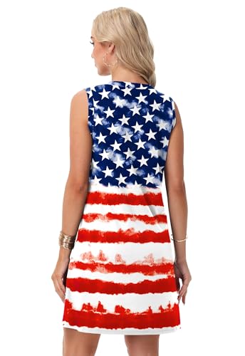 Image of Deerose Womens July 4th Sleeveless Dress American Flag Swim Cover Up Dress with Pockets