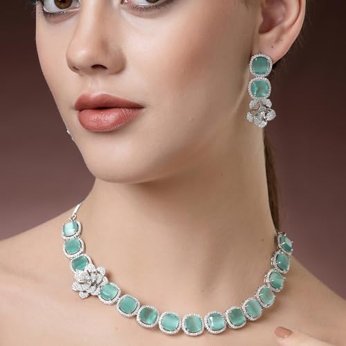 Image of ZENEME Jewellery Set Classic Style Rhodium Plated AD /American Diamond Studded Silver Plated Bejeweled Rose Necklace Jewellery Set for Women & Girls