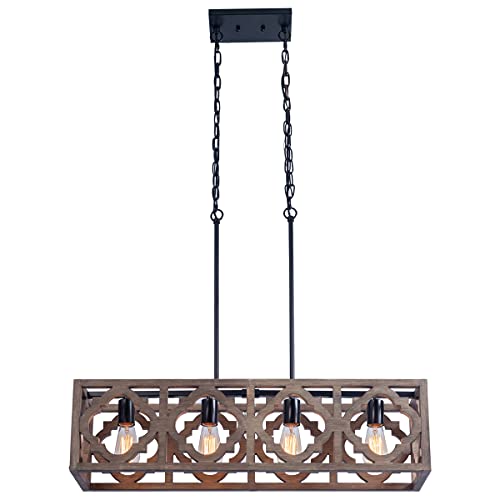 Farmhouse Chandelier Rectangle Wood Kitchen Island Pendant Lighting 4-Light Industrial Linear Chandelier Fixture for Dining Living Room Foyer