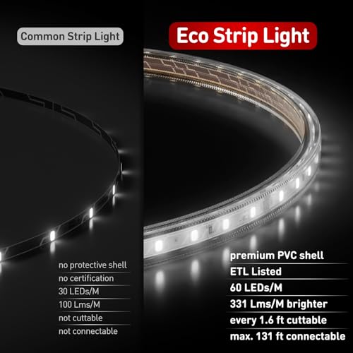 Image of Shine Decor LED Strip Light Easy Connectable, 6000K Cool White Cold Resist Weatherproof Plug-in for Indoor Outdoor, 101 LM /FT Dimmable Bright Eco Rope Lighting 16.4FT, 120V Whole Set ETL Listed