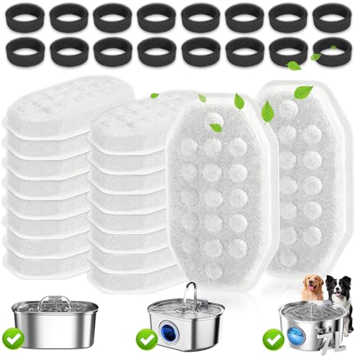 32 Pack Cat Water Fountain Filters for Rellaty and Neareal 3.2L/108oz Automatic Stainless Steel Cat Water Fountain 16 Activated Carbon Filter + 16 Pre-Filter Sponges