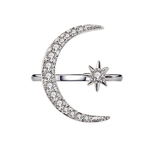 AAA Cubic Zirconia Big Moon and Sun Star Statement Ring 925 Sterling Silver Plated Crescent moon Adjustable Band Ring