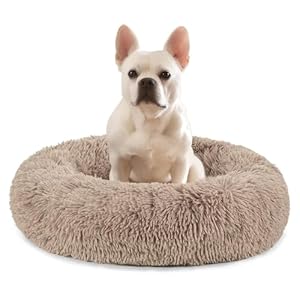 PetAmi Calming Dog Bed for Small Medium Dog Cat, Round Donut Dog Bed Washable, Fluffy Faux Fur Plush Cuddler Pet Kitten Cushion Bed, Anti-Slip, Fits up to 25 lbs, 23 inch, Taupe