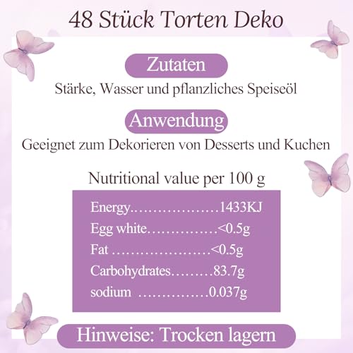 48 Stück Schmetterling Tortendeko Essbar, Essbare Schmetterlinge für Torte, Esspapier Tortendeko,Essbare Cupcake Toppers,Kuchen Deko Mädchen für Hochzeiten, Geburtstage, Partys（Lila ）