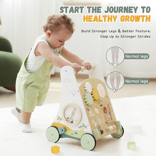 Wooden Baby Push Walker Adjustable Speed Montessori Walker with Activity Center for Boys, Girls and Toddler Toy for Ages 1-3 - Thumbnail 2