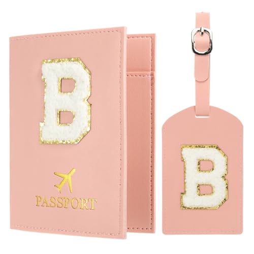 PATIKIL Passport Holder for Travel, Initial Passport Cover and Luggage Tag Set with Alphabet Chenille Letter Patch Travel Wallet Bag Suitcase Identifier for Women Family Travel Pink B