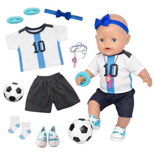 Atomvia Puppenkleidung 35–43 cm Fußball Outfit Set, Blau Weißes Trikot mit Schwarzer Hose Fußball Schuhe Stirnband Socken Pfeife und Handgelenkbändern, Babypuppen Kleidung 14–18 Zoll(Keine Puppe)