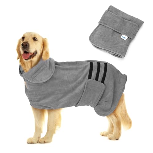 Nobleza Dog Bathrobe XL Dog Drying Coat Dogs Towel Robe Pets Dressing Gown Super Absorbent Pet Puppy Towelling Robe Fast Drying Adjustable Pet Bathrobe Towel for Extra Large Dogs Cat Grey