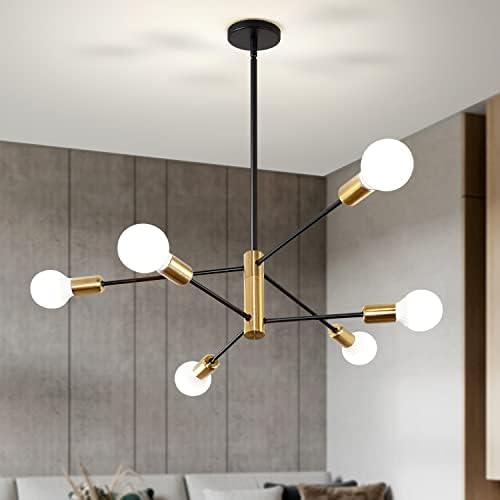 Mlihove Sputnik Chandeliers 6 Lights Mid Century Modern Dining Room Lighting Fixture Gold and Black Contemporary Pendant Ceiling Light Fixture for Bedroom,Living Room,Kitchen or Office
