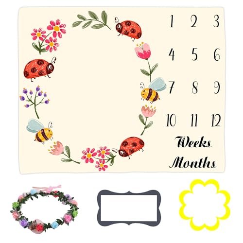 Image of Cartoon Insect Baby Age Blanket, Red Seven Star Ladybug Bee Floral Insect Newborn Photo Baby Monthly Milestone Blanket Growth Chart Baby Memory Blanket, 48x40 Inches BTLSLY895