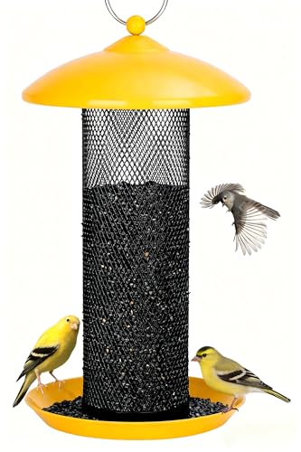 Gtongoko Finch Bird Feeders for Outdoors 2.5 LB Capacity Squirrel Proof Metal Mesh Tube Bird Feeders Thistle & Nyjer Seed Hanging Feeder, Yellow, 1 Pack