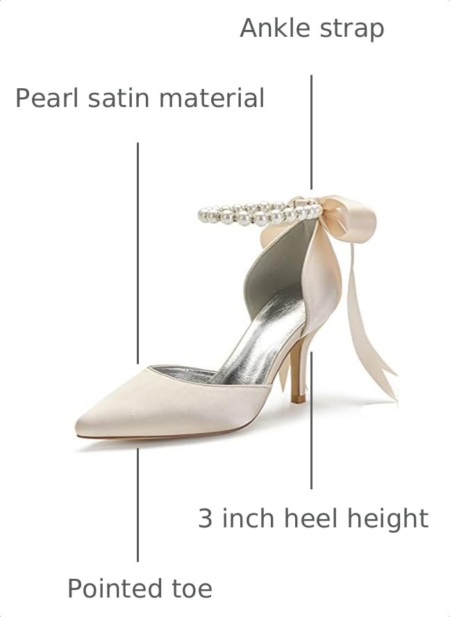 Image of Women's Pearl White Wedding Shoes for Bride High Heels Pointed Toe Bridal Shoes Satin Prom Party Dress Pumps Sandals