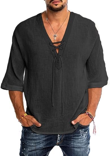 Runcati Leinenhemd Herren Kurzarm Sommerhemd Herren Freizeithemd mit V Ausschnitt Loose Fit Vintage Mittelalter Shirt