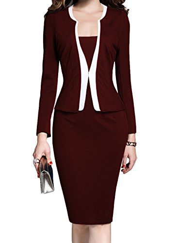 MUSHARE Women's Colorblock Wear to Work Business Party Bodycon One-Piece Dress (X-Large, Burgundy+White)