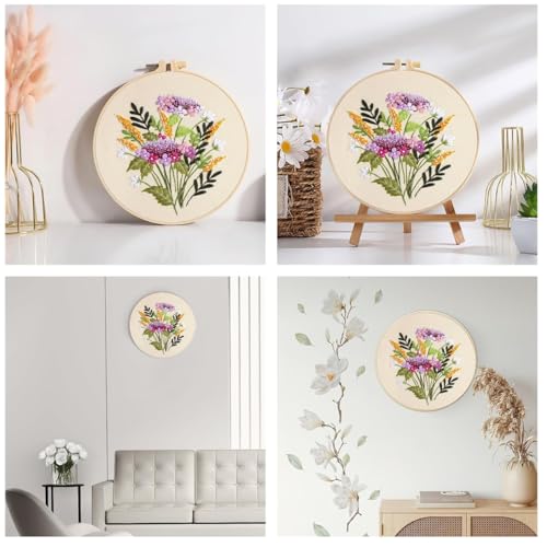 Image of HASTHIP Embroidery Kit for Beginners, Flower Canvas, 20cm Hoop Set | Guided Stitching Practice, Floral Canvas Design, Colour Yarns, Needles and Tutorial, Creative Home Craft Activity