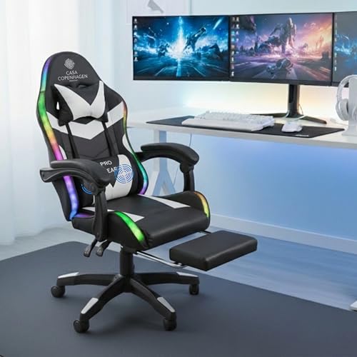 Image of Casa Copenhagen Designed in Denmark,High-Back Italian Leather Gaming Ergonomic Chair with Advanced Mechanism with LED Light & Electric Back Massager, Memory Foam Seating - White & Black