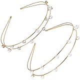 PAGOW 2 PCS Pearls Crystals Thin Tiaras, Double Gold Rhinestone Pearl Crown Headbands, Metal Hair Hoop Headbands, Faux Pearl Crystal Wedding Headdress Hair Accessories For Women, Bride, Bridesmaid