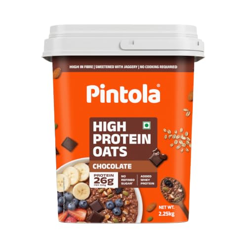 Image of Pintola 26g High Protein Oats 2.25kg, Dark Chocolate, No Refined Sugar, with Almonds, Raisins, Pumpkin & Chia Seeds, 9.6g Fibre, Rolled Oats for Weight Loss, Breakfast Cereals | Gluten Free