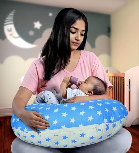 Infans Mini Baby Feeding Pillow Cotton|Maternity Feeding Pillow Portable & Adjustable|Nursing Pillow for Mother and New Born Baby (Star Blue)