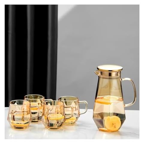 1.7 Liter/58oz Glass Pitcher with Lid Water Carafe Jug with Spout Handle for Hot/Cold Water Tea Beverage (Gold 5-Pcs/Set) Cover
