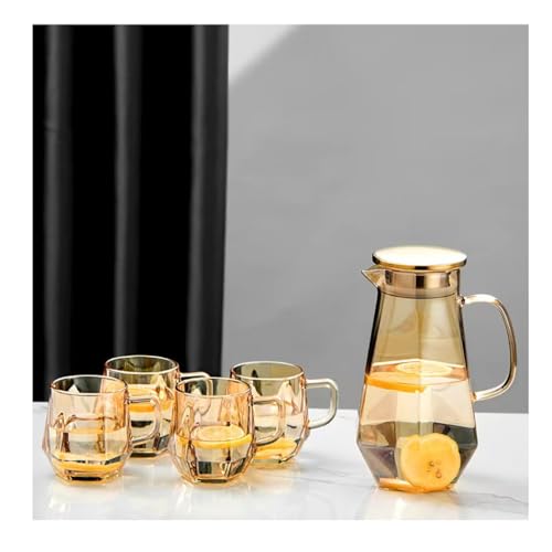 1.7 Liter/58oz Glass Pitcher with Lid Water Carafe Jug with Spout Handle for Hot/Cold Water Tea Beverage (Gold 5-Pcs/Set)