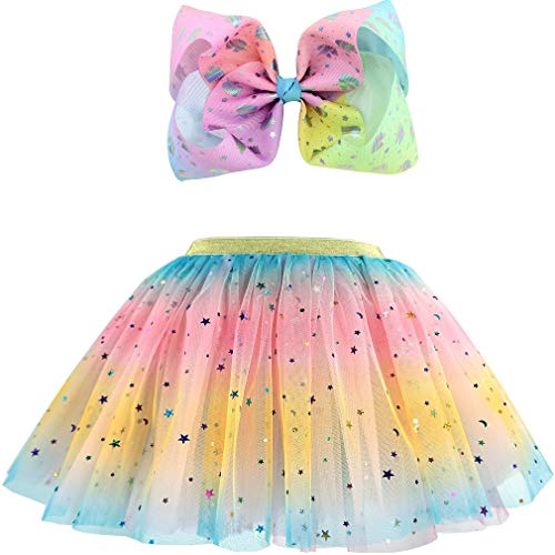 Girls Layered Tulle Rainbow Tutu Skirts with Colorful Hairbow or Butterfly Headband, Girls Dressing Up,Dancing Party Tutu. (Pink, 2-6X)