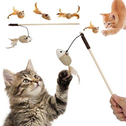 Paws Boutique The Juguete para Gatos de Madera Natural | Set de Caña con Plumas y 3 Juguetes de Estimulación | Kit de Juego Interactivo para Gatitos y Gatos Adultos | Varita Materiales Resistentes