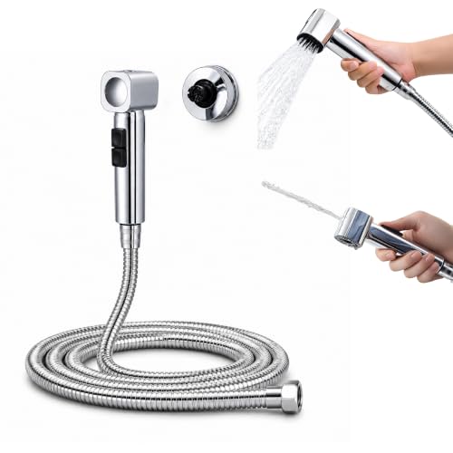 Image of Robustt Health Faucet for Toilet with 1.2m Hose (304 SS) with Adhesive Wall Mount Holder |2 Flow Modes | Jet Spray Pipe for Toilet with Stream & Rain Settings - Chrome Finish Bathroom Faucet
