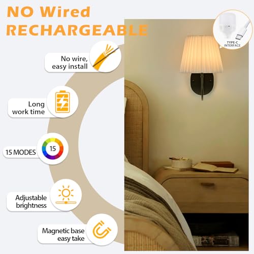 Image of PASSICA DECOR Battery Operated Wall Sconces Set of 2 Premium Fabric Pleated Shade, Rechargeable LED Lights with 15 Colors, Remote Control Timer for Bedroom, Living Room, Black Wall Light