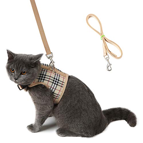 WZPB Cat Harness and Leash Set- Adjustable Soft Mesh Cat Harness for Walking Escape Proof (M, Beige)