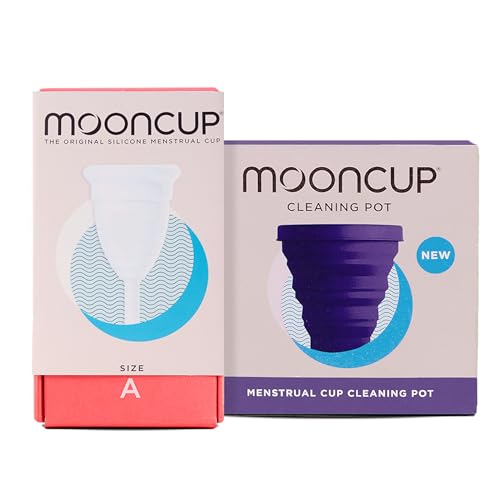 Mooncup® The Original Silicone Menstrual Cup Starter Kit Bundle, Reusable, Ultra Soft & Easy Insert, Great for Heavy Flows, Size A, Age 30+ or Post Vaginal Birth & Mooncup Menstrual Cup Cleaning Pot