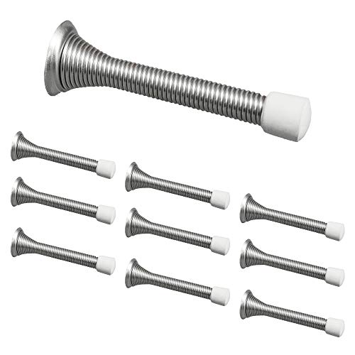 Ilyapa Spring Door Stops - 10 Pack 3 ¼ Inch Heavy Duty Door Stop - Traditional Spring Door Stop - Satin Nickel w/Rubber Bumper