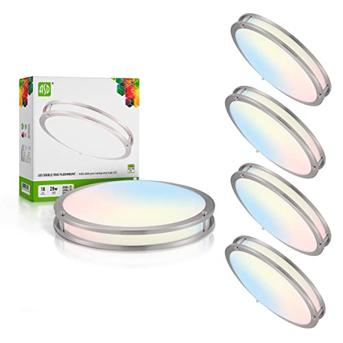 Asd Led Close To Ceiling Flush Mount Light Fixture | Frosted Round Double Ring Lighting Lamp | 18 Inch 28W 120V 2250Lm 3000K/4000K/5000K Adjustable | Dimmable, Energy Star, Etl | Nickel, 4 Pack #TOP18