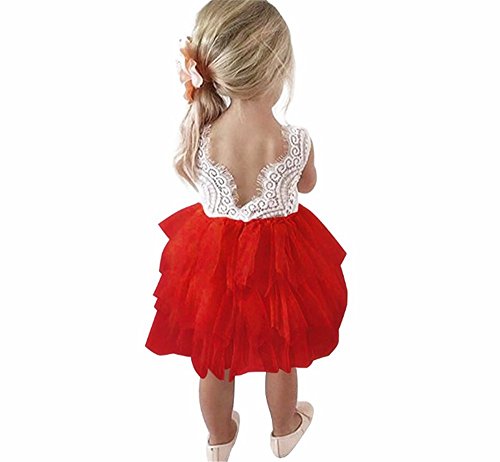 Toddler Baby Flower Girls Princess Tulle Dress Lace Backless Tutu A-line Beaded Party Dresses Red