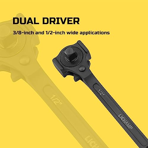 Lichamp 12.4\" Spud Ratchet Wrench, 3/8\" x 1/2\" Dual Drive Ratcheting Hammer Head, Scaffold Steel Construction Tool, Black - Thumbnail 2
