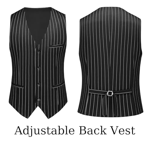 MOGU Mens 3 Piece Pinstripe Suit Slim Fit Double Vents Tuxedo Jacket Vest & Pants Casual Dress Set4