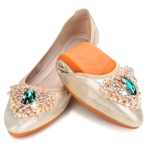 Image of KUNWFNIX Women Ballet Flats Rhinestone Wedding Ballerina Shoes Foldable Sparkly Comfort Slip on Flat Shoes