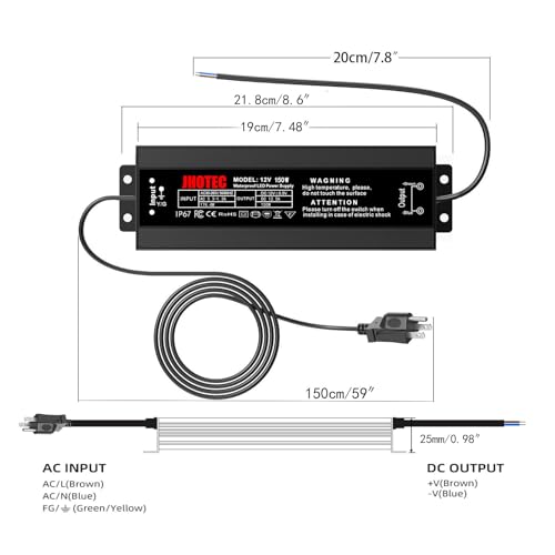 Image of LED Driver 150W, Waterproof IP67 Power Supply AC110-265V to 12V DC 12.5A Low Voltage Transformer Ultra Thin Adapter,with UL 3-Prong Plug for Outdoor LED Lights, Computer Project,Water Pump etc