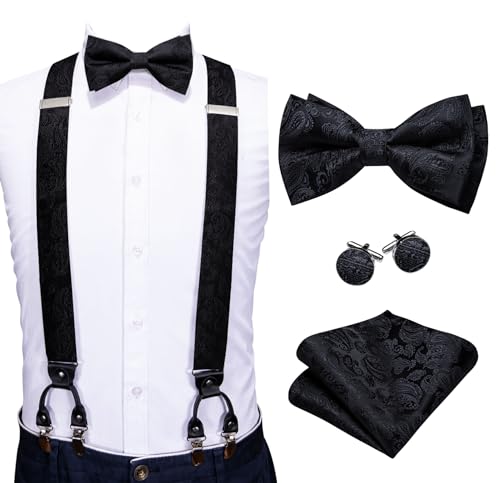 Image of YOHOWA Men Suspenders 6 Clips Strength Adjustable Y Braces Pre-Tied Bow Tie Set Formal Wedding Party