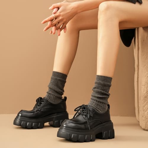 Image of BEAU TODAY Platform Oxfords for Women, Oxford Shoes for Women, Chunky Leather Lace Up Oxfords,Casual Comfortable Breathable Non-Slip Dress Shoes for Work Business