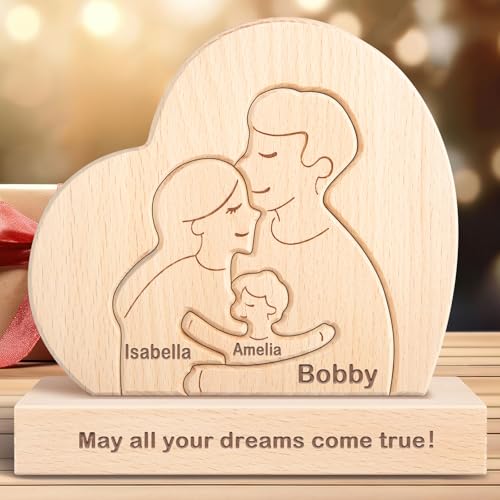 Personalisiertes Holzkunstpuzzle der Familie mit 1-8 Namen, benutzerdefinierte Familienname Skulptur Jigsaw, Tier Dekorativ Ornament Ideen für Weihnachten Jubiläum Muttervatertag Vatertag