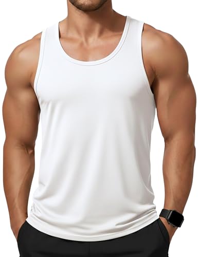 KEFITEVD Camiseta sin mangas para hombre de algodón, camiseta muscular sin mangas, camiseta deportiva funcional para fitness, gimnasio, verano, al aire libre, Blanco, XXL