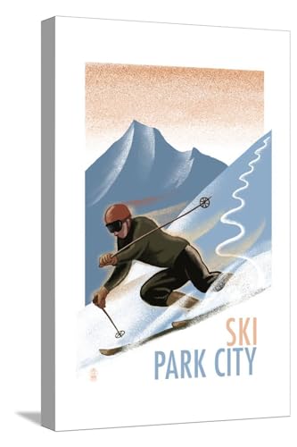ART.COM Stretched Canvas Print Park City, Utah - Downhill Skier Lithography Style by Lantern Press, 12" x 18"