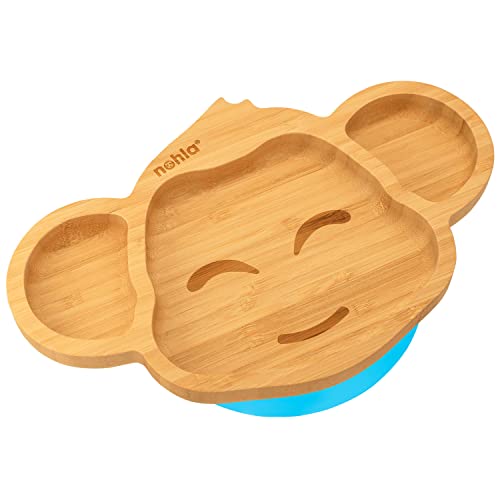 nohla ® Monkey Assiette pour bébé pour enfants et tout-petits - Qualité supérieure - Non toxique - Ventouse en bambou pour bébés - Sans BPA - Bleu Cover